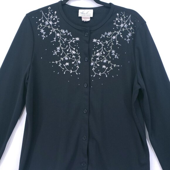 Kathie Lee Collection Black Embroidered Floral Cardigan Sweater Size Large - Picture 2 of 10
